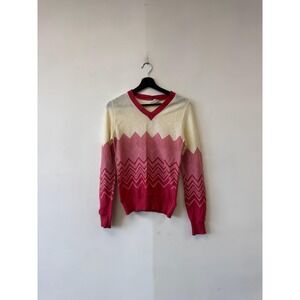 Vintage Kmart Sweater Womens Medium Pink Cream Chevron V Neck Knit Pullover 80s‎
